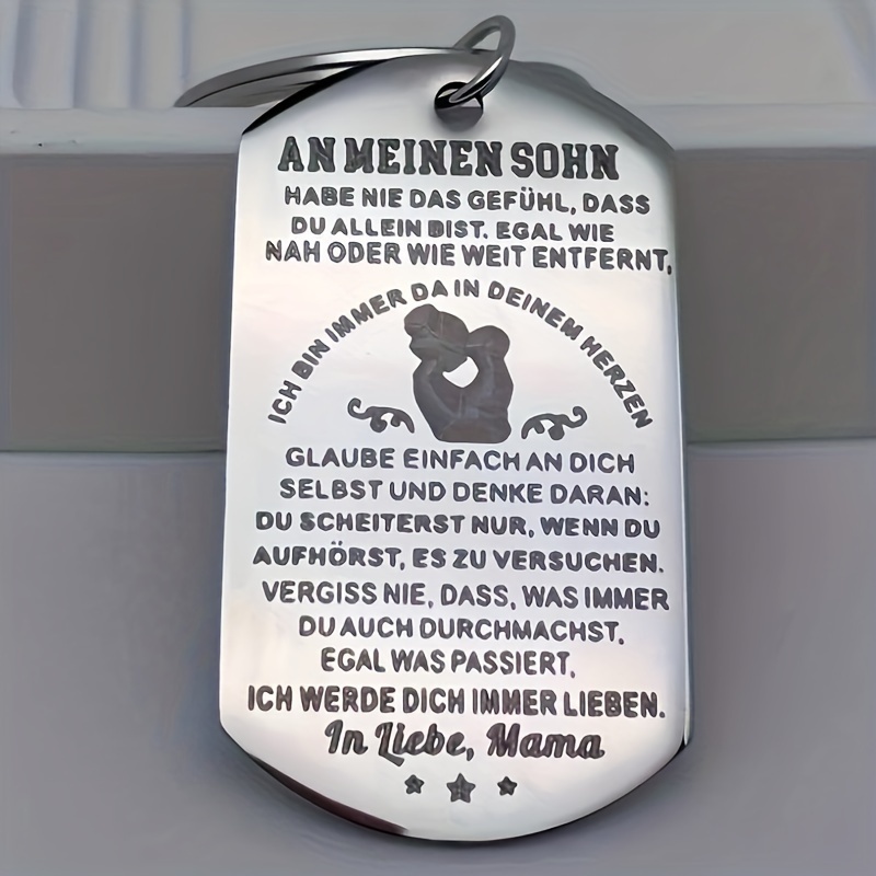 Image of 1pc Stainless Steel Keychain For Son, Non-woven Fabric, German Engraved Message From Mom. Suitable For Men And Women.