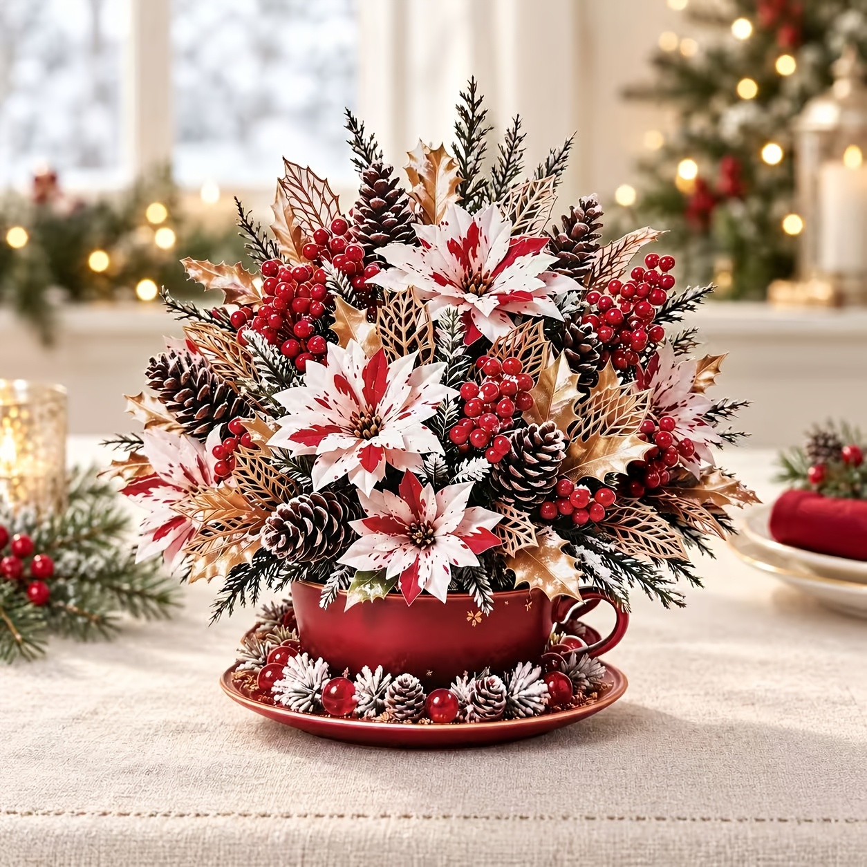TEMU 1 biglietto di natalizi 3D, da t癡 con bouquet natalizio , decorazione con , e foglie dorate, biglietto pieghevole di per le feste, come regalo