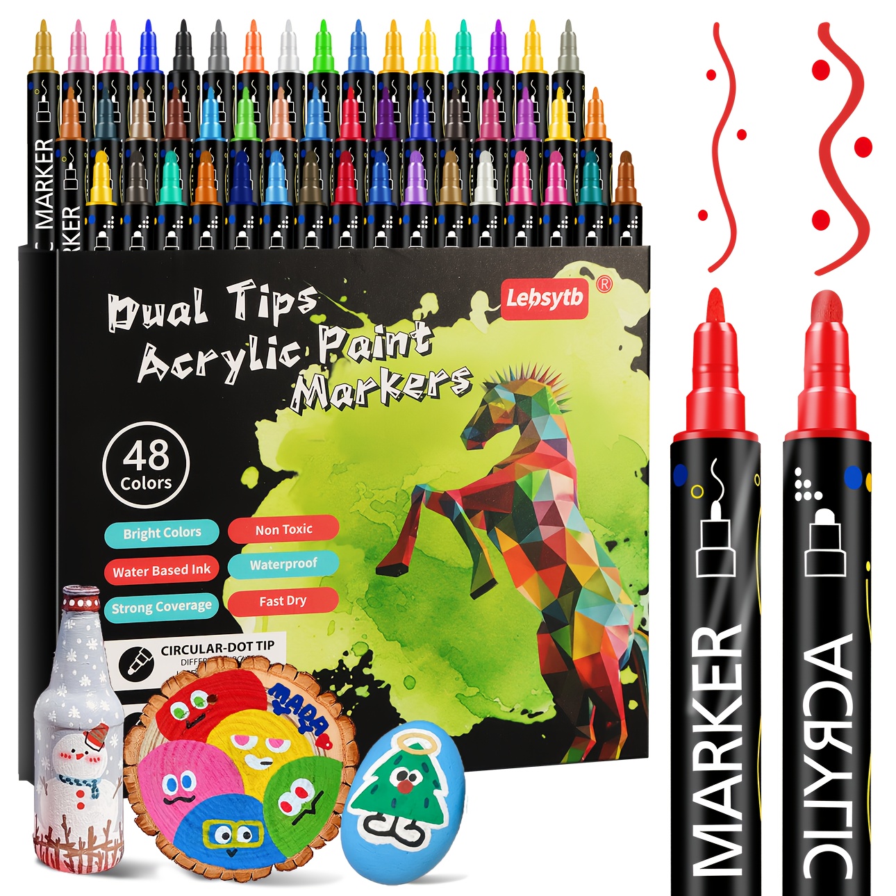 TEMU Stylos de acryliques bicolores 48/80 couleurs, , fournitures de bureau, stylos de , double pointe avec marqueurs à pointe à pointillés et pointe