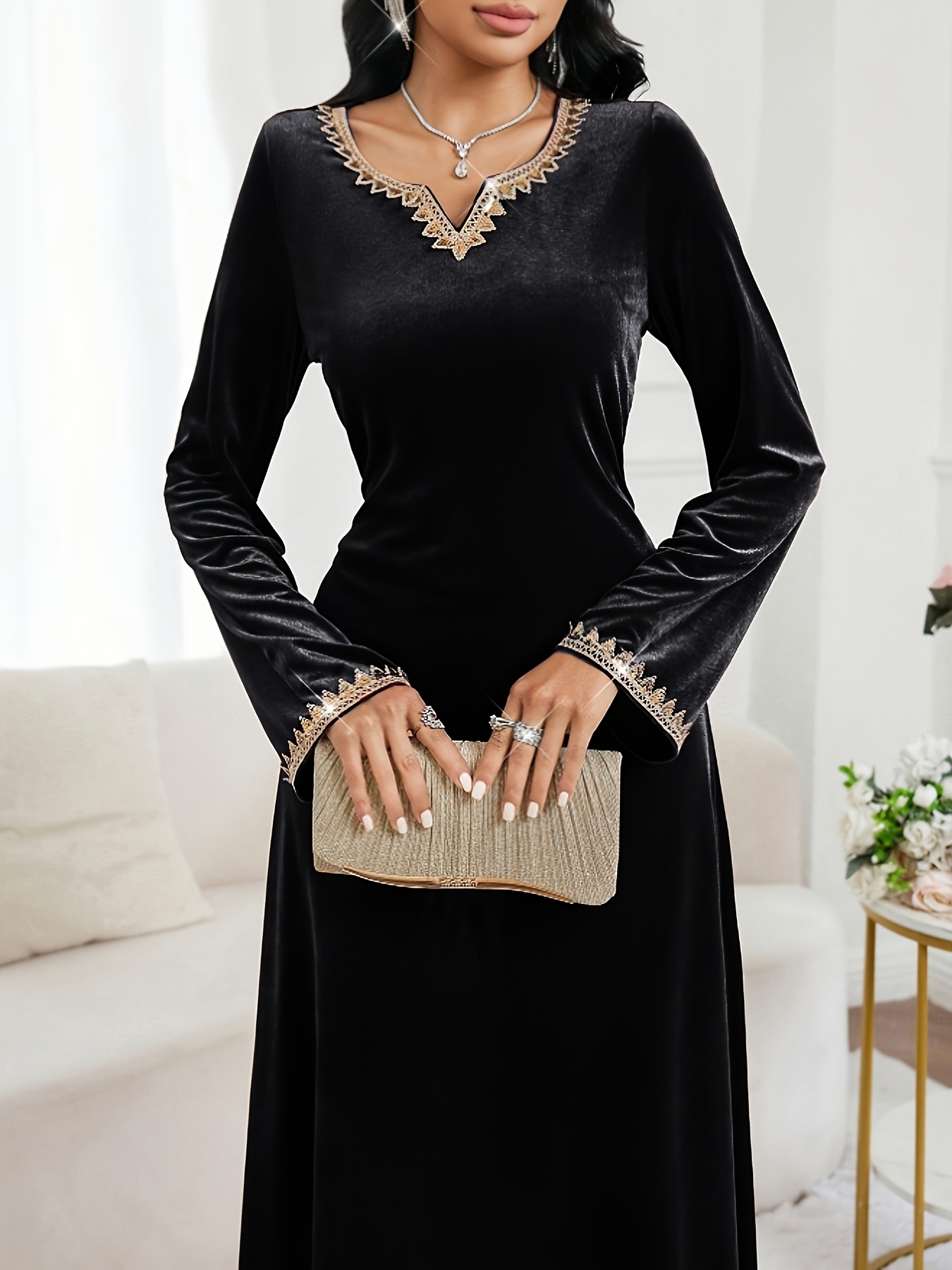 elegant ladies long velvet dress lace neckline cuffs - Temu Oman
