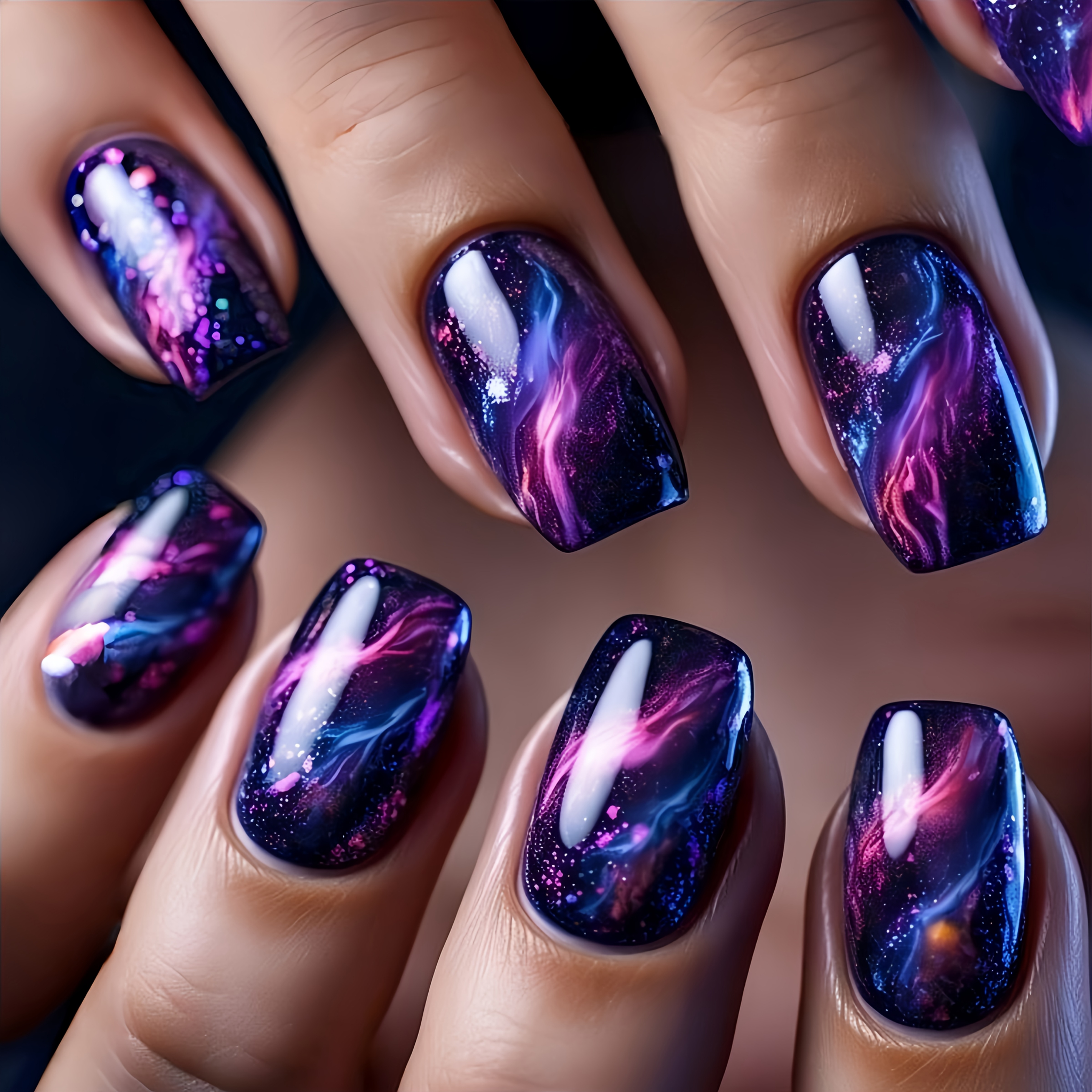 Image of 24pcs Design Fake Nails, Blue & Purple Nail Art, High--on Nails, Removable Fake Nails, Nail Art Supplies For Women