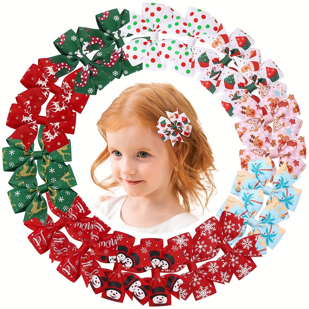 

10pcs Christmas Hair Clips For Girls - Santa, Sleigh, Snowman & Reindeer Print | Cute Bow Side Clips For Holiday Parties, Christmas Decorations