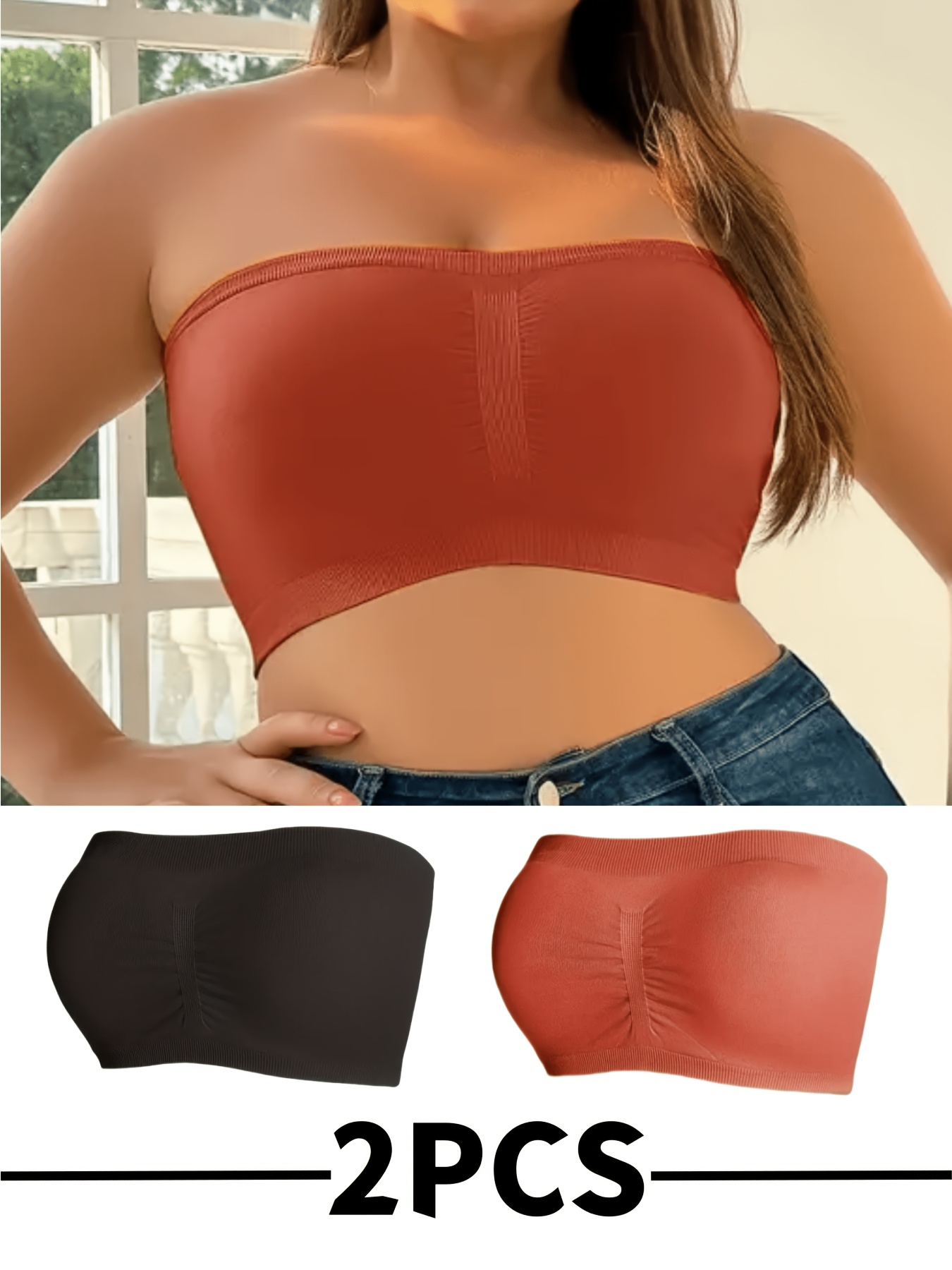 2pcs strapless seamless bandeau bras breathable solid color comfortable versatile simple and   plus size womens anti slip wrinkle   top wardrobe essential set