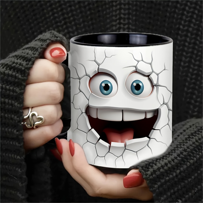 

1pc, Smiling Face Break Through Coffee Mug, 11oz Ceramic Coffee Cups, Water Cups, Summer Winter Drinkware, Birthday Gifts, Holiday Gifts, New Year Gifts