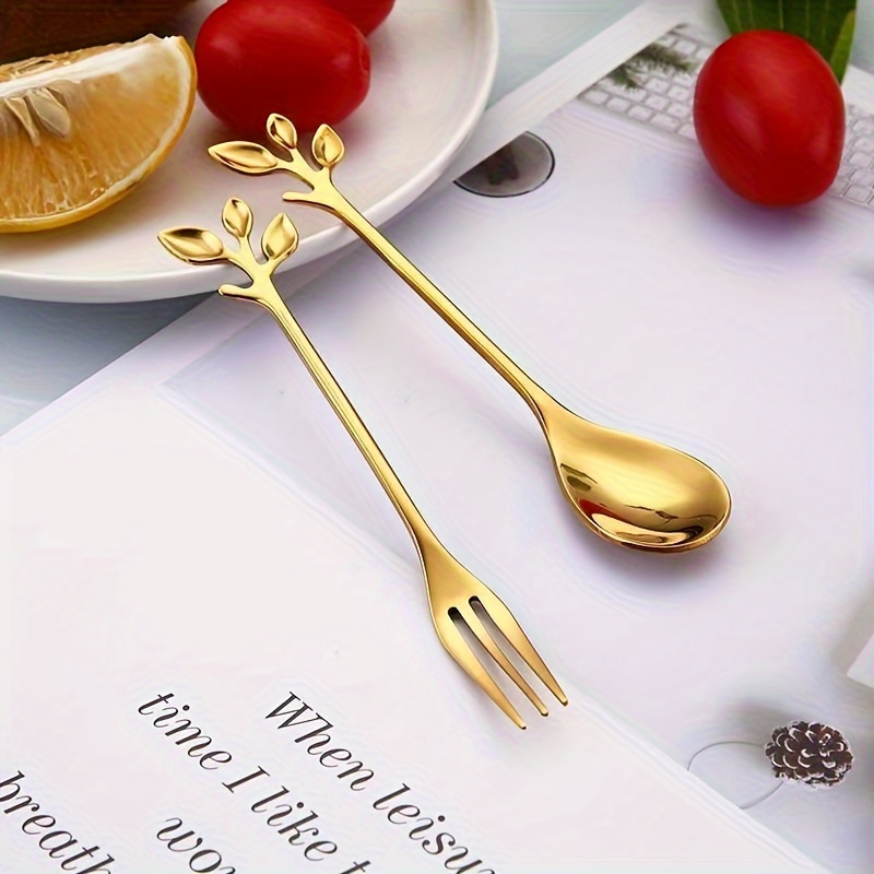 10pcs golden stainless steel cherry   spoons and forks   utensils spoons forks dining entertaining flatware details 1