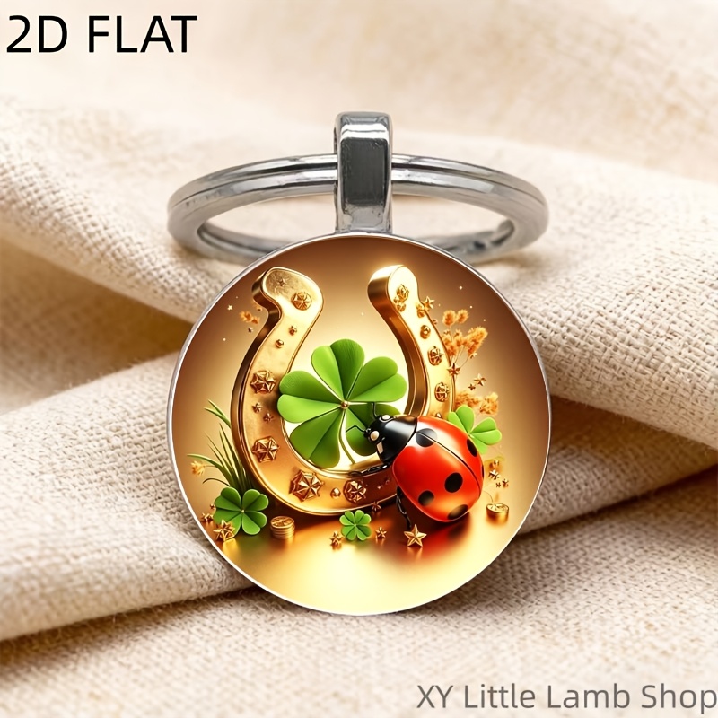 TEMU Porte-clés 2D Plat Breloque - Fer à avec à Feuilles et Coccinelle, Cadeau de pour Hommes et Femmes, Anneau de Clé Rond en Métal
