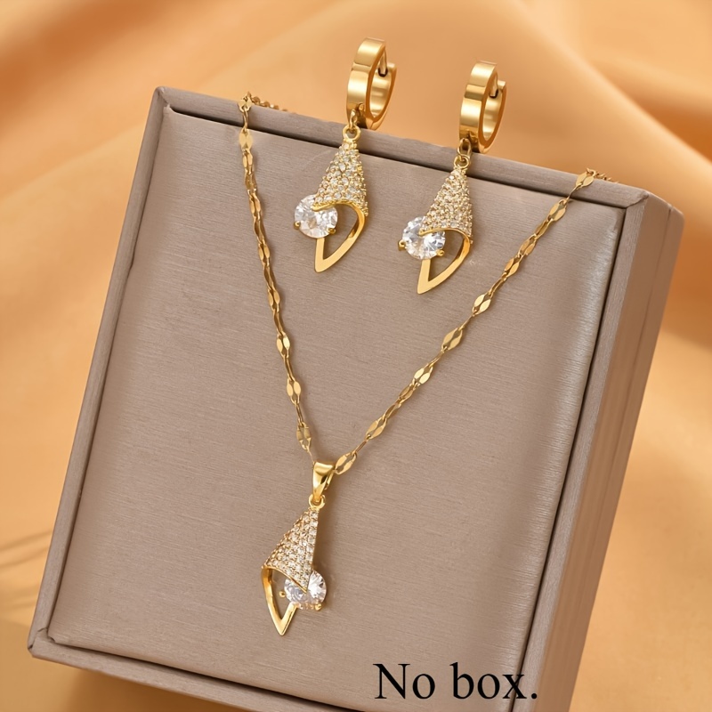 

3pcs Set Of 18k Gold Steel Zirconia , Necklace And - , Embellished, For Women, , , , Parties, And