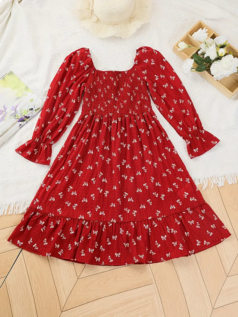 Girls' French Country Dress with Square Neck & Bell Sleeves - Red *-Length Dress Suitable for Spring/Fall,, Parties, Weddings - Machine Washable Loose Fit Dress Girls' French Country Dress with Square Neck & Bell Sleeves - Red *-Length Dress Suitable for Spring/Fall,, Parties, Weddings - Machine Washable Loose Fit Dress