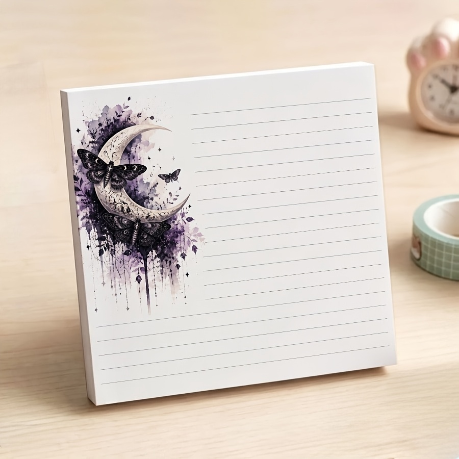 TEMU Non-sticky Gothic Moon And Moth Memo Pad, Purple Watercolor Lined Notepad, Non-adhesive Tear-off Scratch Pad, Dark Academia For School, Office,