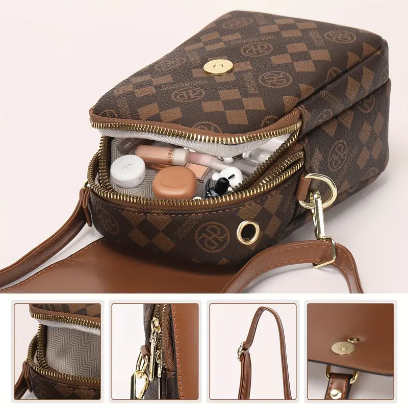 2025 new womens multi layer lightweight crossbody bag large capacity coffee linen shoulder bag with zipper closure stylish checkered pattern hardware for travel work versatile travel accessory modern checkered design hardware Product details 3