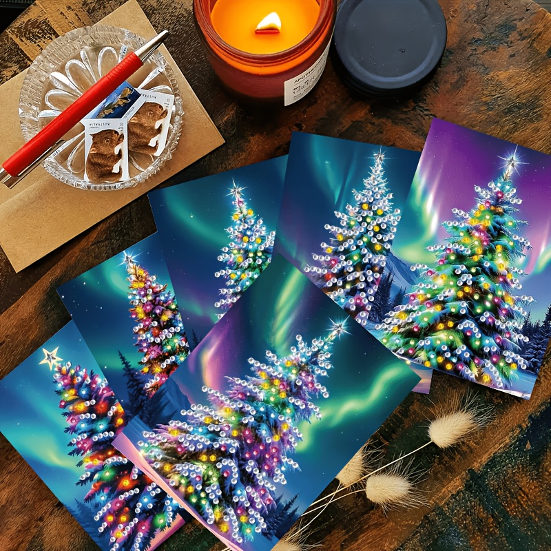 TEMU Popular New Product 6pcs 2d Flat Diamond Painting Greeting Cards - Christmas Tree Series Greeting Cards, Design. Round Rhinestone Special Shaped