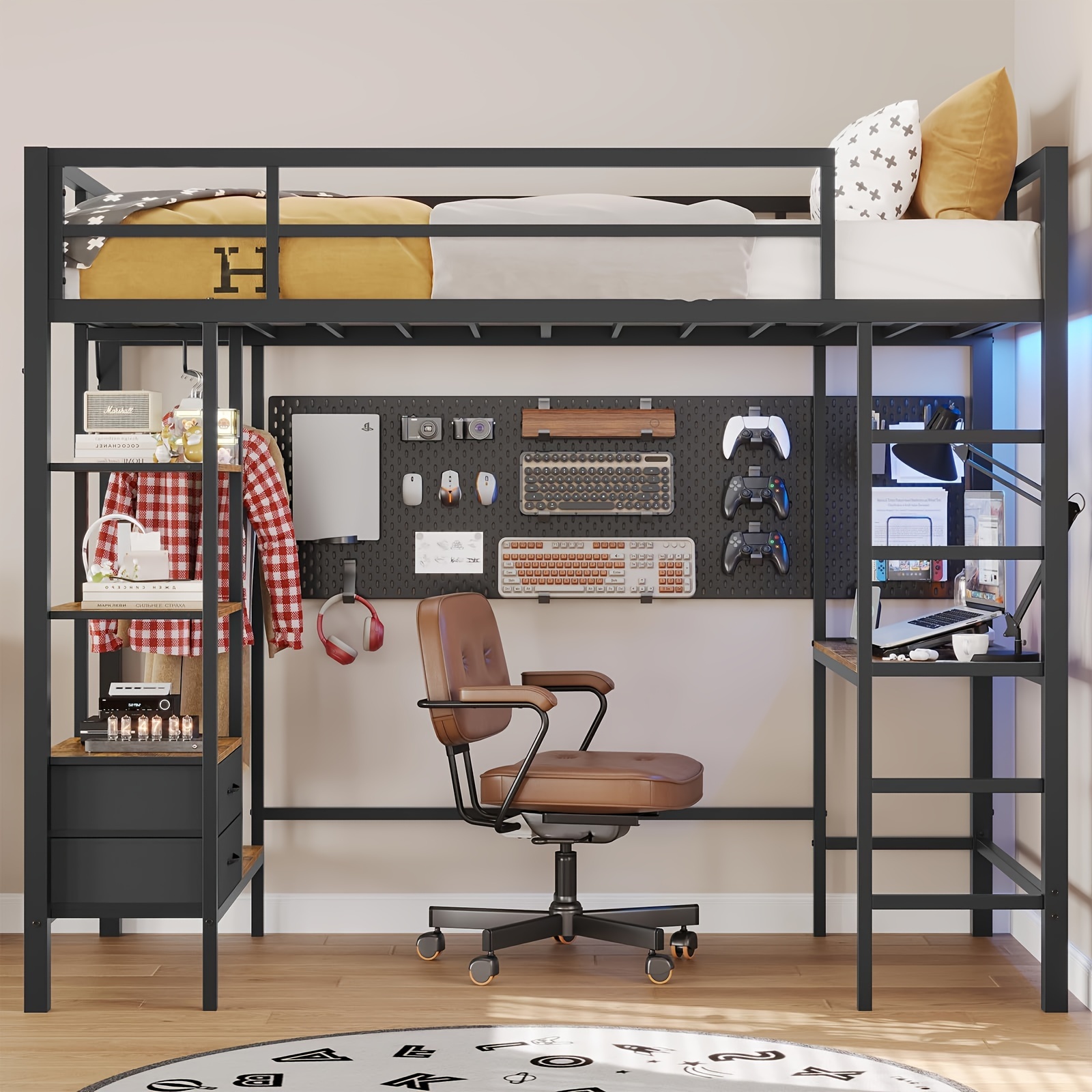 TEMU Loft Bed With Desk And Charging Station, Metal Loft Bed With Led Lights, Storage Shelves And Drawers, With Clothes Rail, Black