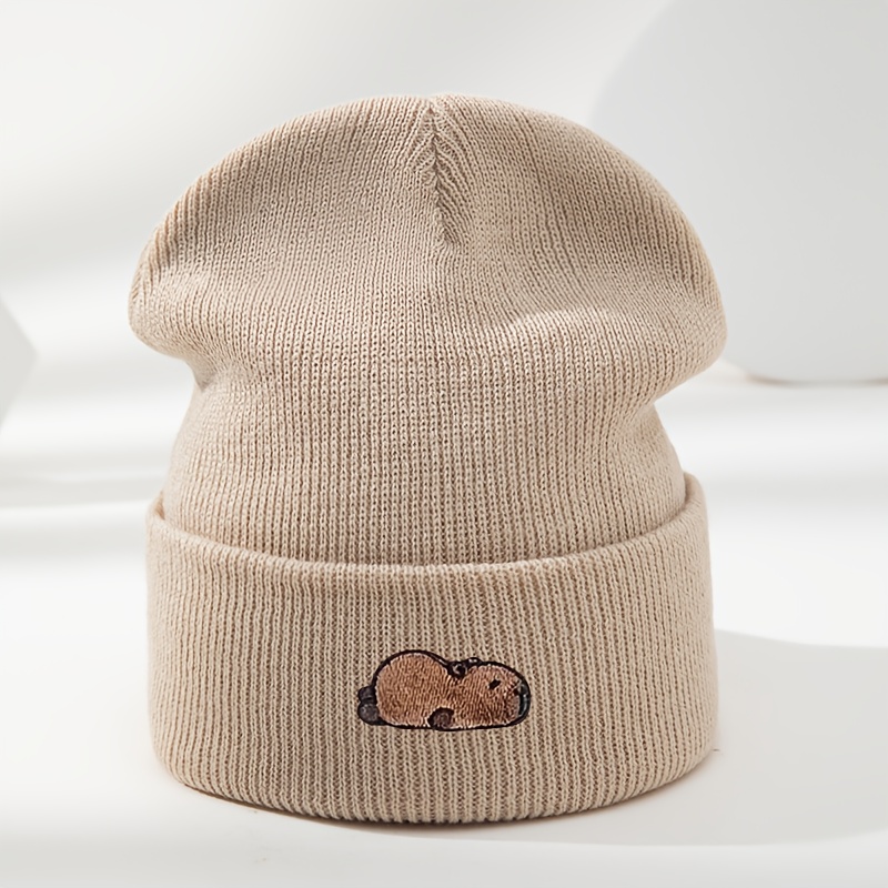 Image of An Outdoor Men's Autumn/winter Capybara Embroidered Warm Knit Hat, Unisex Outdoor Warm Casual Beanie, Stylish And Versatile Ski Hat And Cycling Cap