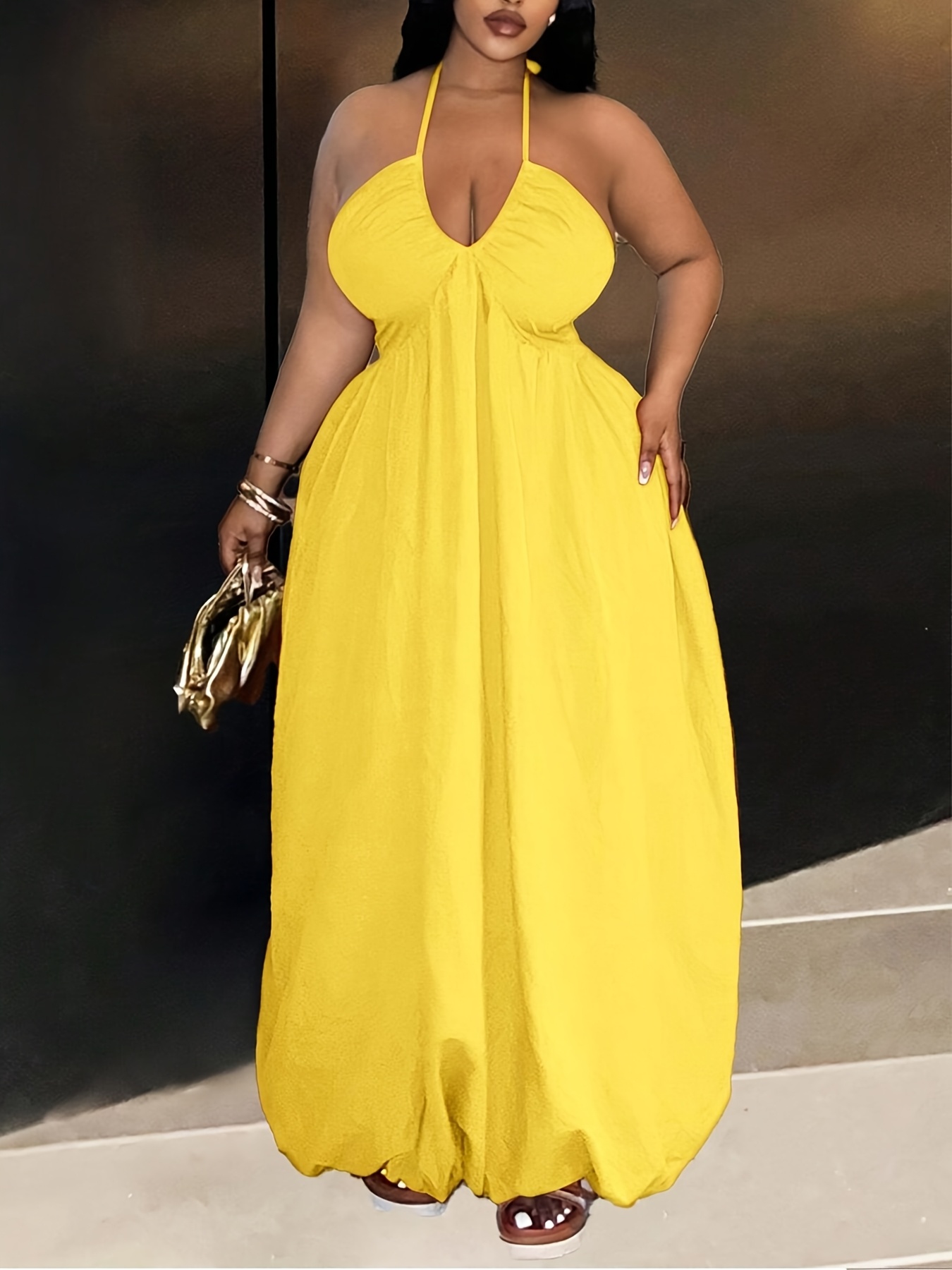 plus size plus size solid color tie back halter deep v maxi - Temu Mauritius