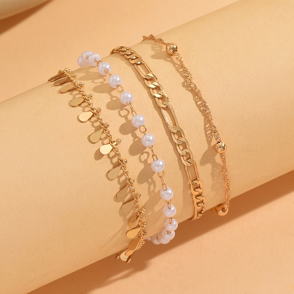 4pc Layered Paperclip Chain & Teardrop Tassel Anklet Set for Women