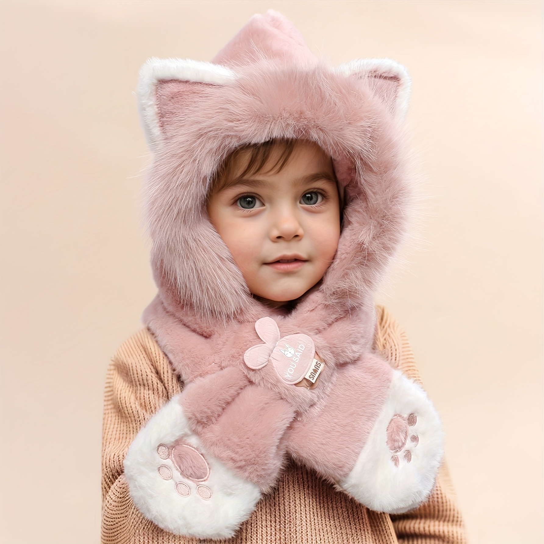 1pc 's Cute Cat Ear Winter Plush Thickened Ear And Neck Warmer, Daily Cat Paw Embroidered Hat And Scarf Set, Suitable 4 Years