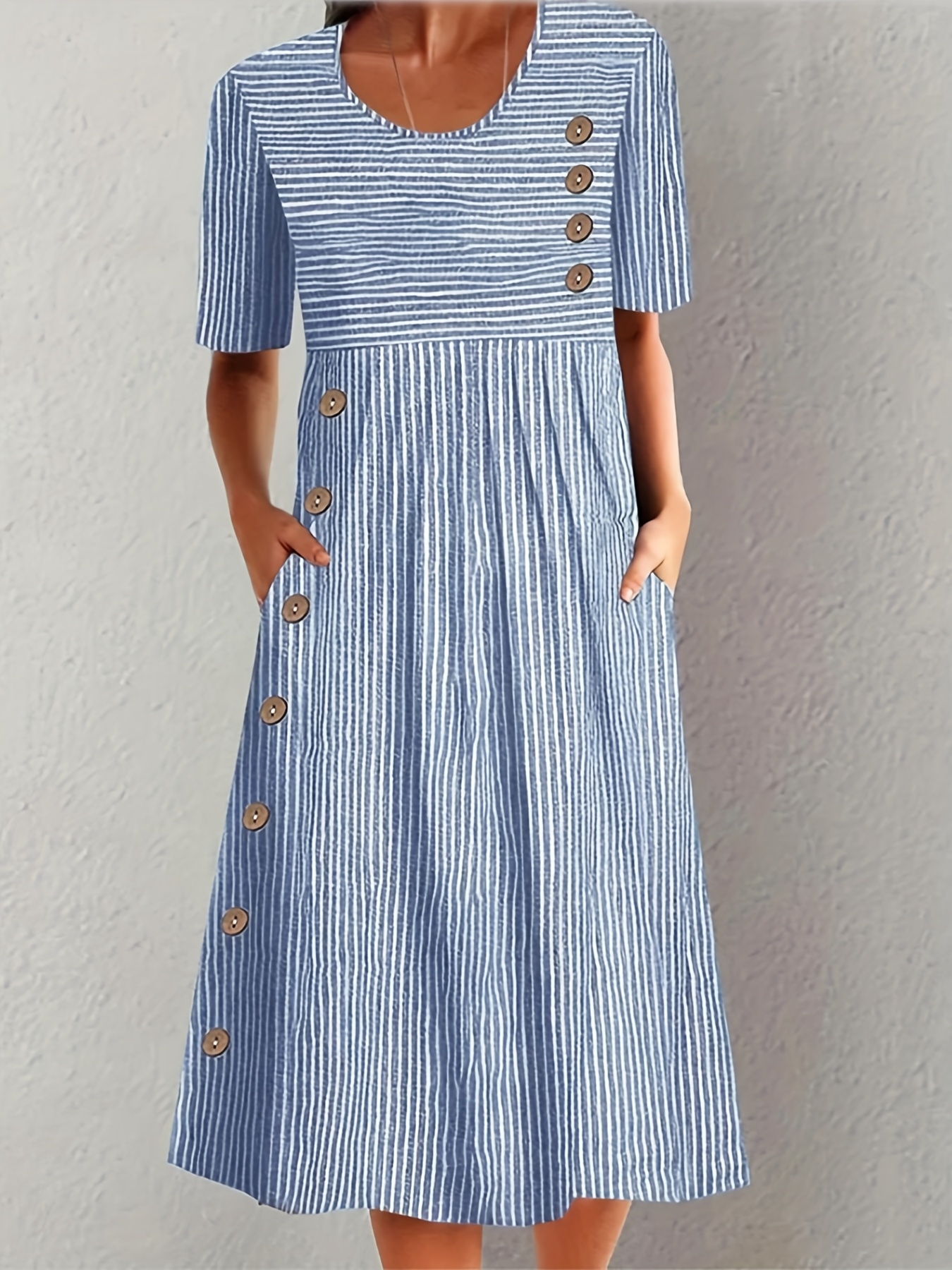 womens   white striped a line dress with pockets round neck short sleeve spring summer dress machine washable lightweight fabric for casual   beach office casual summer dresses beach attire   front       adult clothing blue 0