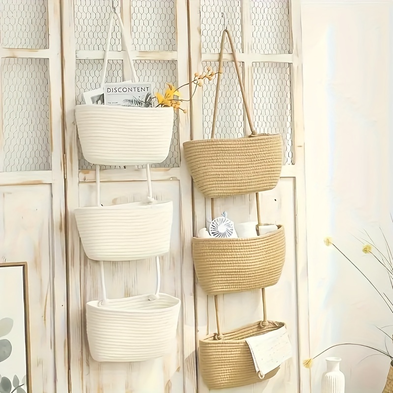 

1pc Versatile 2/3-tier Rope Woven Organizer - Contemporary Hanging Storage Basket With Window-view, Easy Install Over-the-door Design For Home Decor
