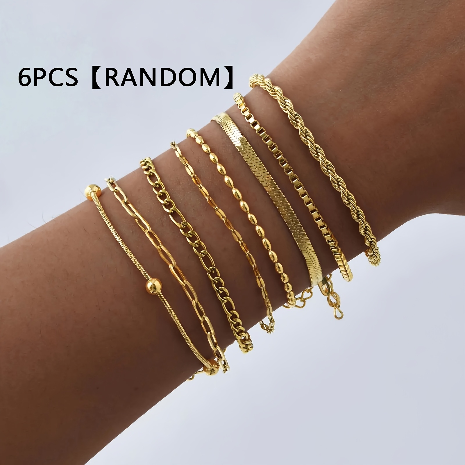 E-shop 6-teiliges zufälliges hochwertiges hypoallergenes goldenes Armband-Set aus Edelstahl, farbbeständig, bequem vielseitig, schlicht elegant,
