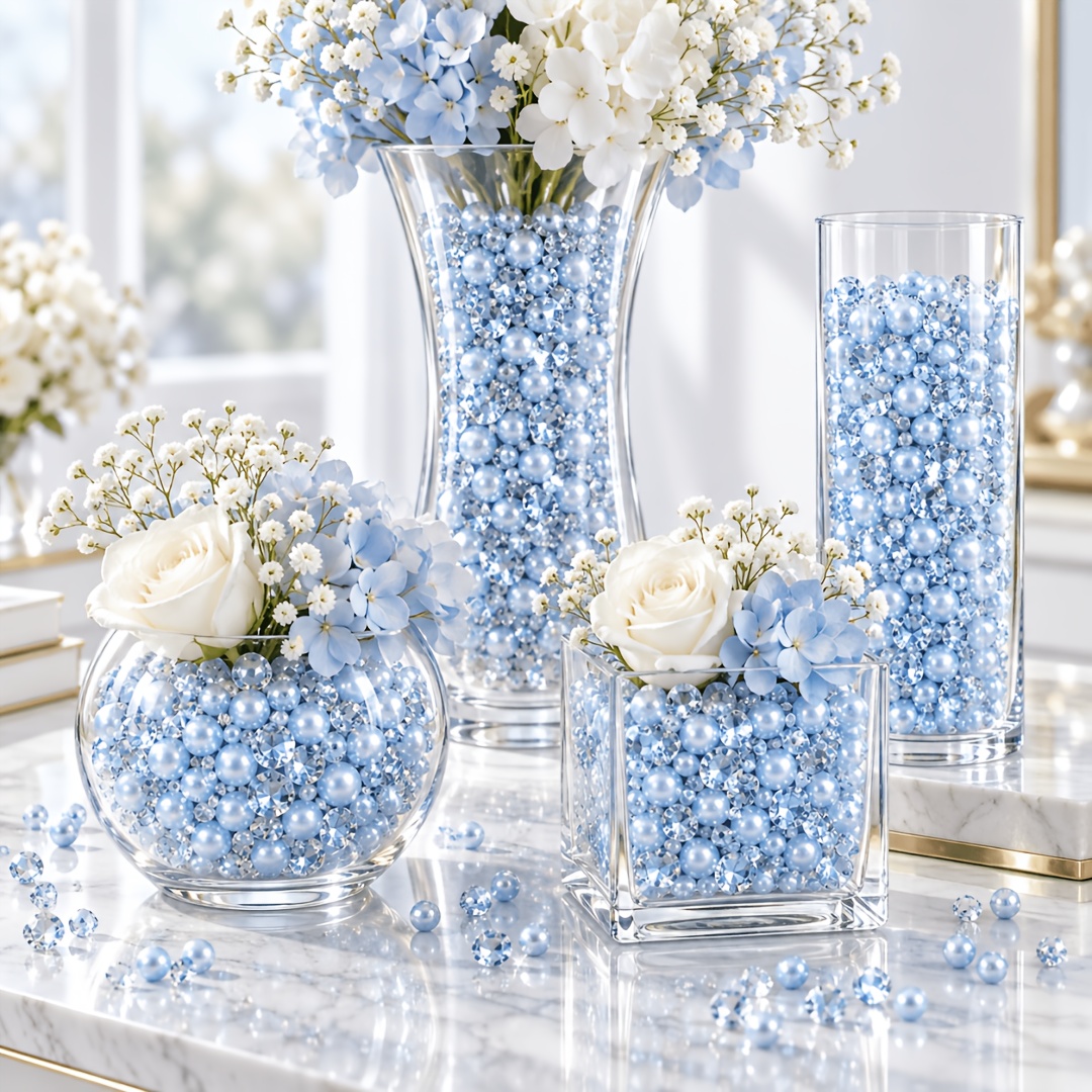 TEMU 1070pcs Blue Pearls Beads And Acrylic Diamond Fake Gems, Vase Filler, Crystals, Table Scatters Wedding And Crafts Birthday Decoration Favor, No