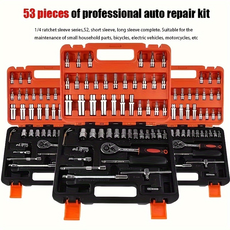 

53pcs Universal Auto Repair Tool Set - Metal Hand Tools Kit For Diy Maintenance, Sockets, Ratchet Wrenches, Screwdrivers - Complete Solution, No Battery Included