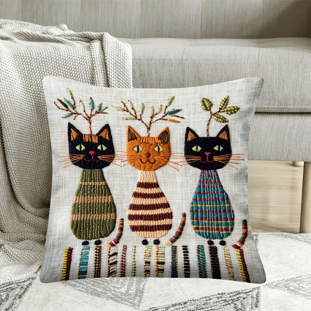 

1pc Cat Short Plush Pillow Cover - Chic Decor For Living Room, Bedroom, Office | Linen Background, Zip Closure, Machine Washable, 18x18 Inches, Cat Decor