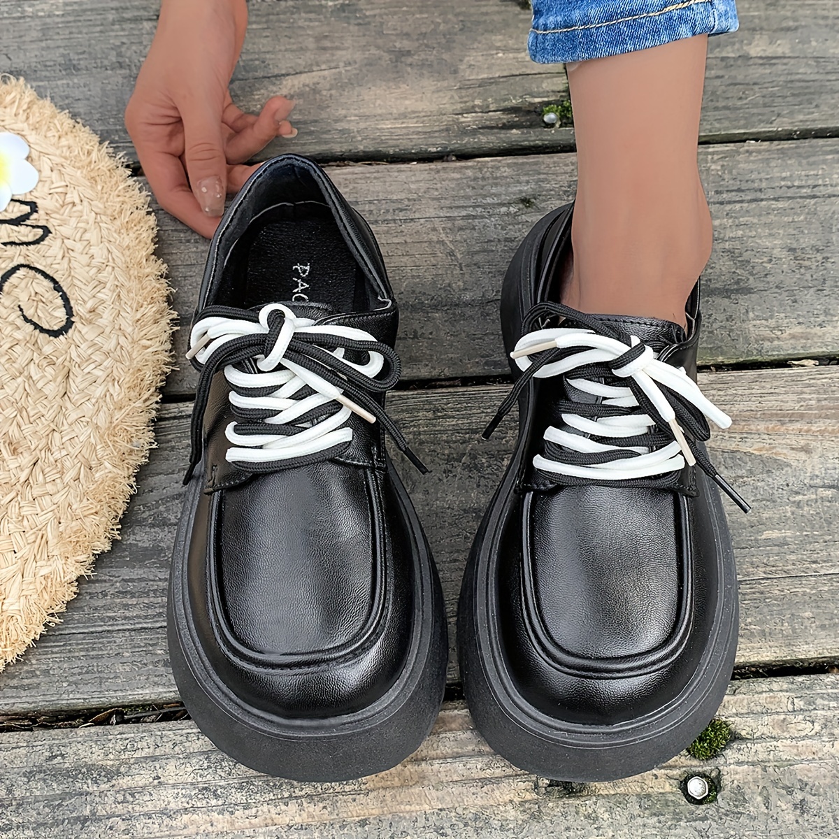 women's chic black platform loafers casual lace round toe Temu