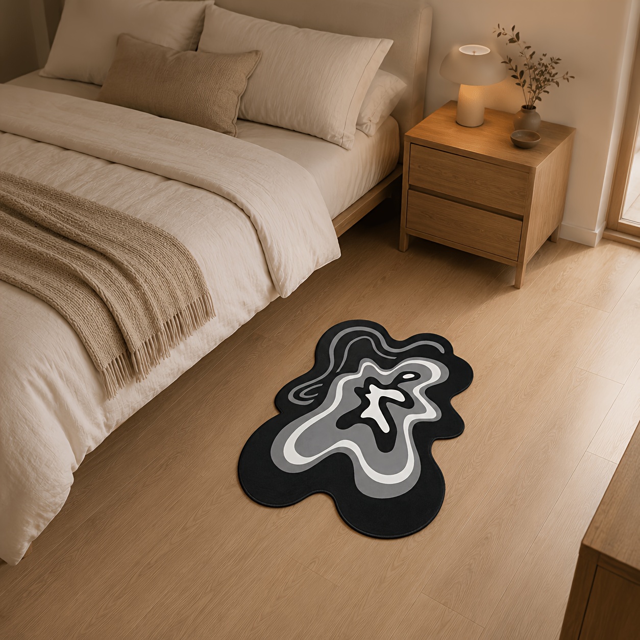 TEMU 1pc Black Gray White Abstract Fluid Pattern Irregular Rug, Layered Wave And Psychedelic Geometric Art Design, Suitable For Bedroom Bedside,