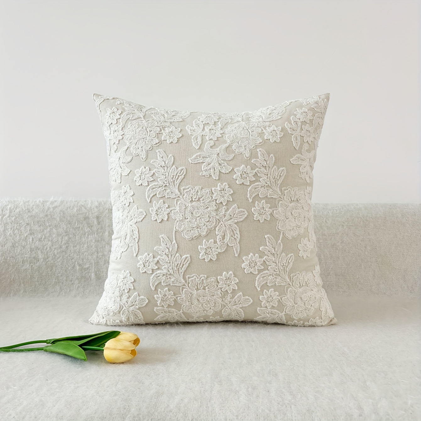 Image of 1pc, Plant Embroidered Cushion Cover, Modern Canvas Throw Pillow Cover, For Sofa, Living Room Decor, Without Filler