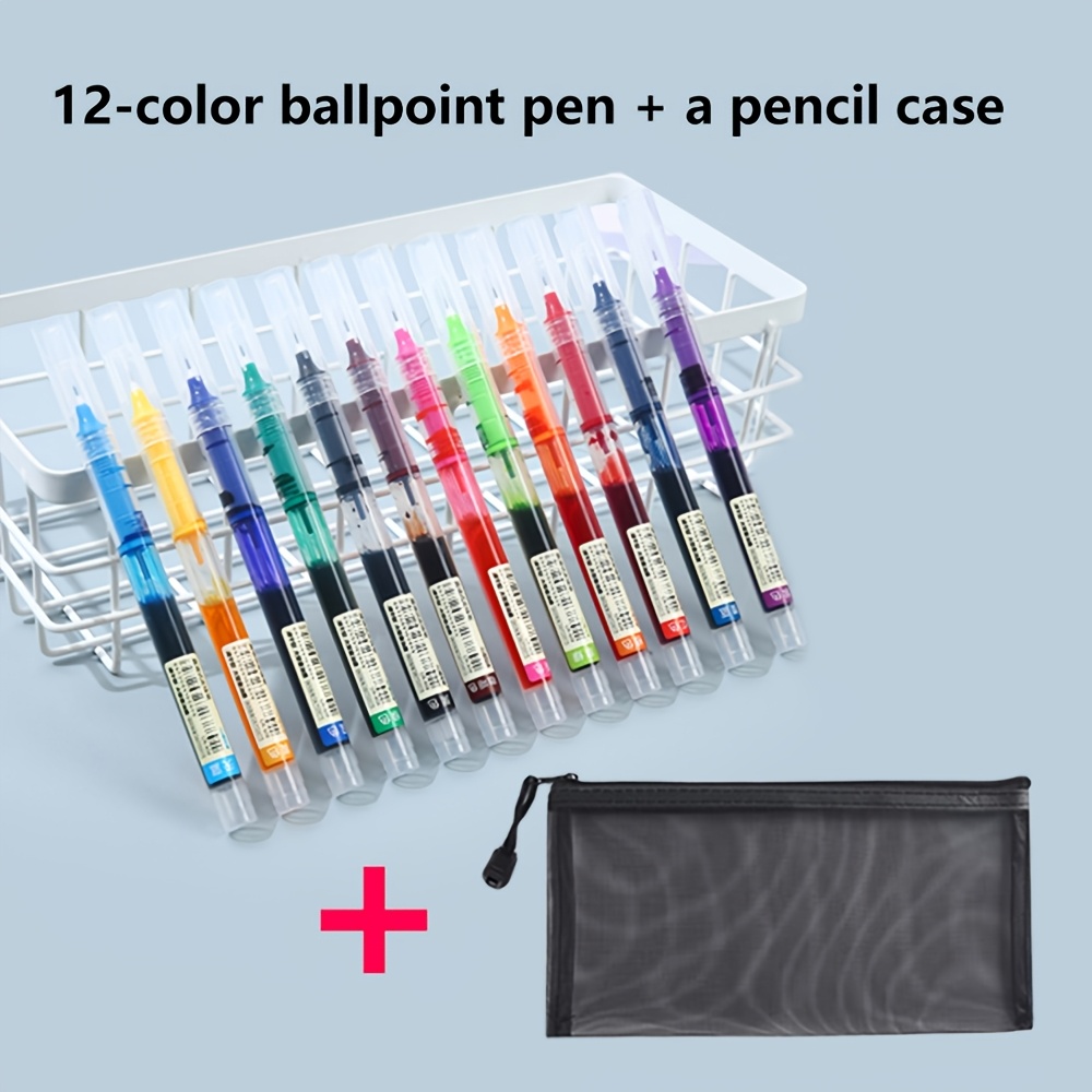 TEMU 12pcs Ballpoint Pens And 1pc Pencil Case, Colored Ballpoint Pens -dry Ink, 0.5mm Tip, Liquid, Suitable For Journaling, Drawing, Note-taking