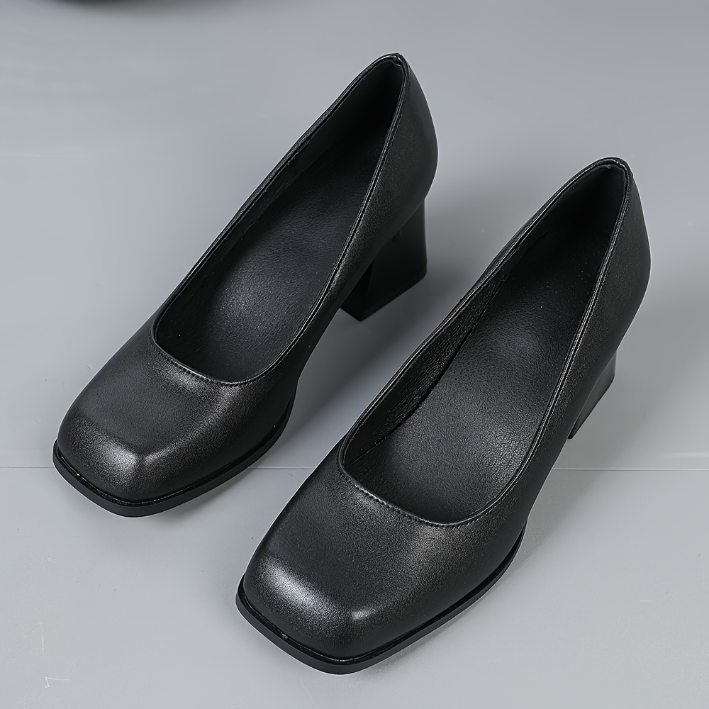 square toe chunky heel flat shoes womens versatile fashion - Temu