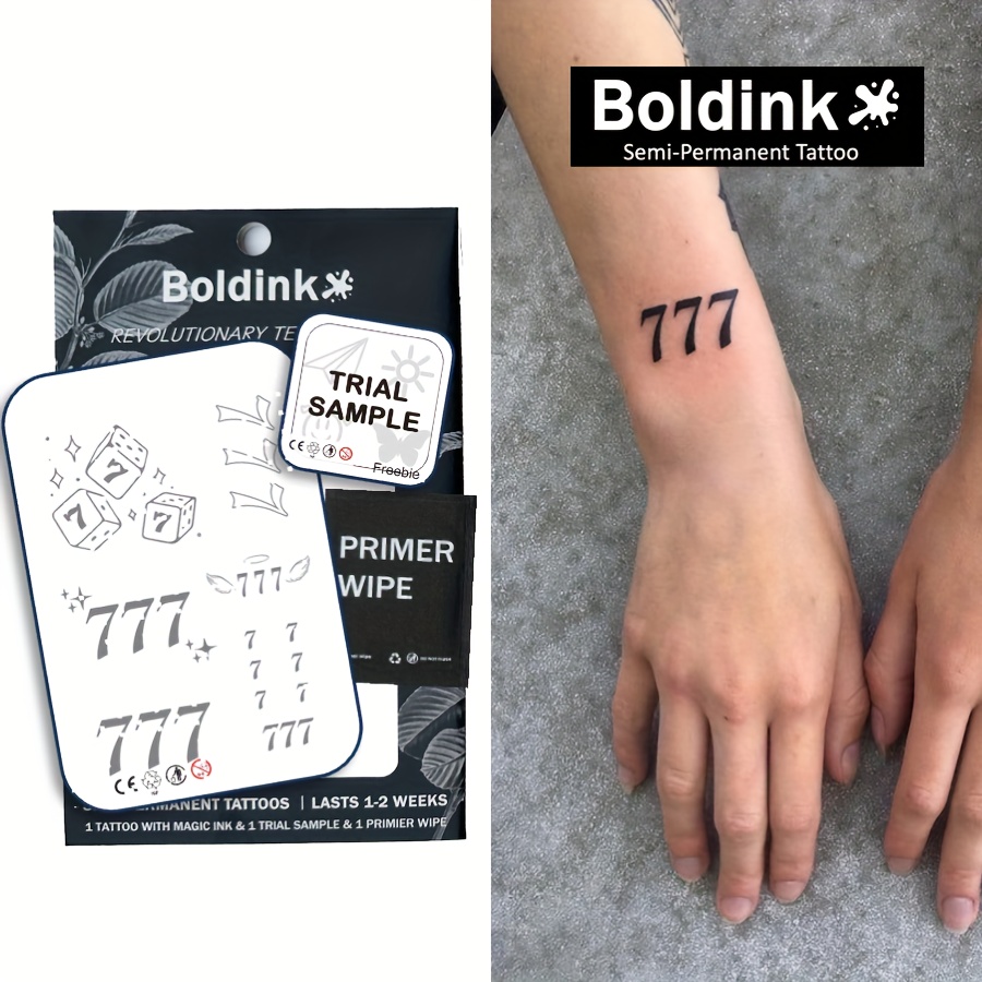 

Boldink Revolutionary Semi-permanent Tattoo Stickers - Waterproof, Realistic Lucky Number 777 Design, Plant-based Formula, Durable & Long-lasting