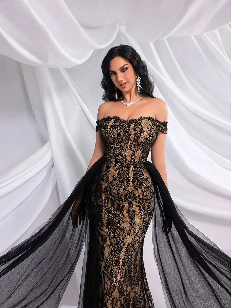 elegant shoulder lace gown women solid color sheer mesh - Temu United Arab Emirates elegant shoulder lace gown women solid color sheer mesh - Temu United Arab Emirates