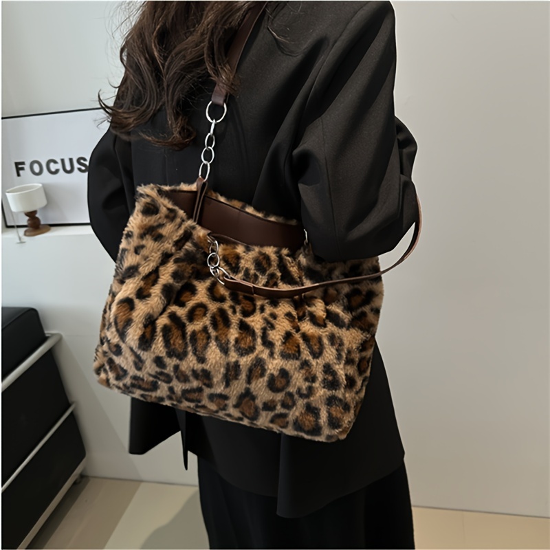 womens leopard satchel   fur tote bag with removable strap chic large capacity shoulder bag versatile crossbody handbag for daily use fashion accessory for adults 18 details 10