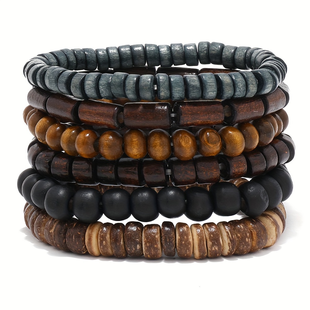 TEMU 6pcs Retro Elastic Handcraft Bracelet, Wooden Bead, Coconut Shell Beads Bracelet Set, Vintage Bohemian Surfer Wristband Bangle Holiday Gift