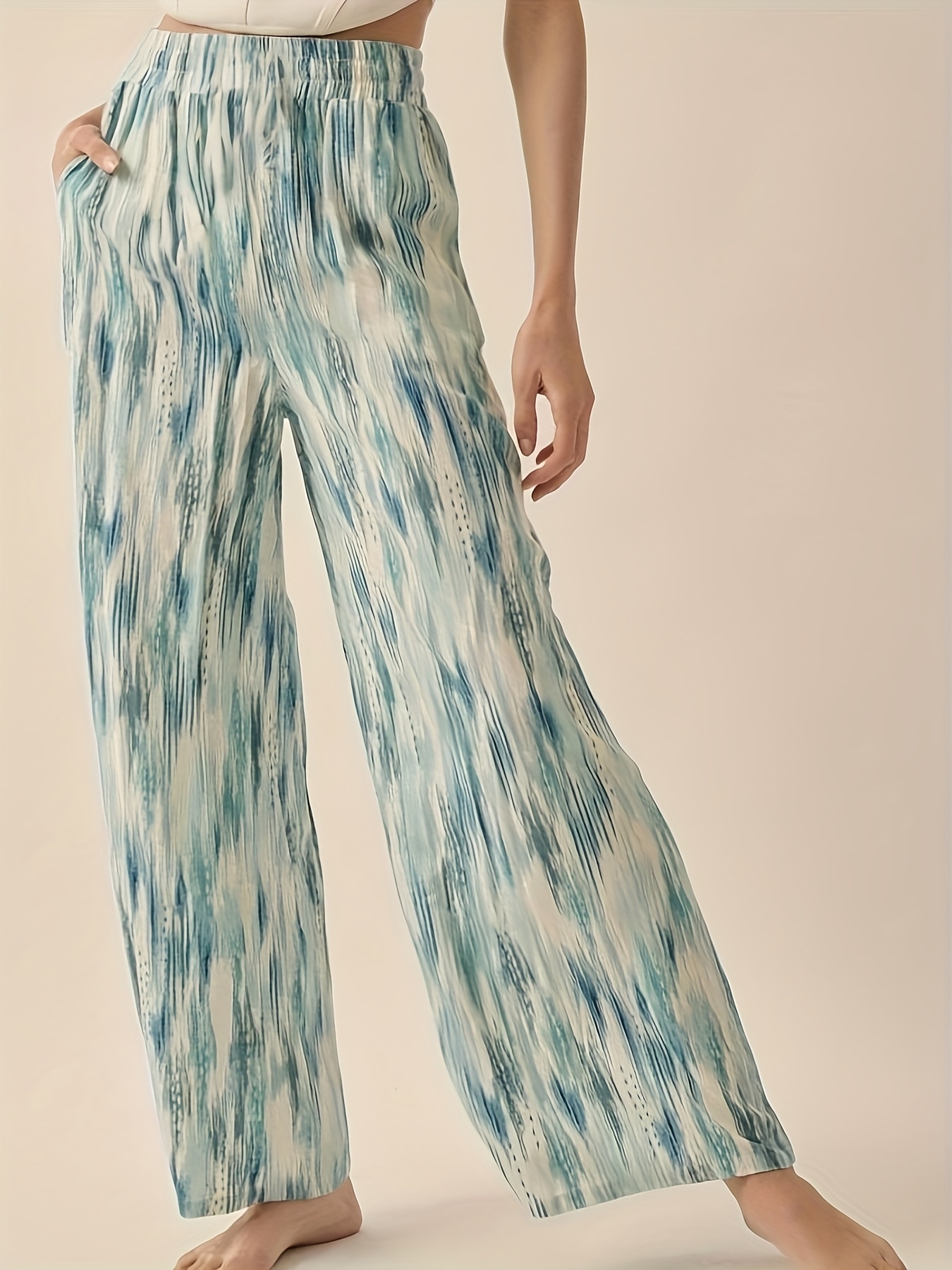 womens elegant abstract print wide leg pants loose comfortable trousers with blue white beige vertical stripes machine washable non stretch fabric for spring summer fall casual semi formal outfits details 3