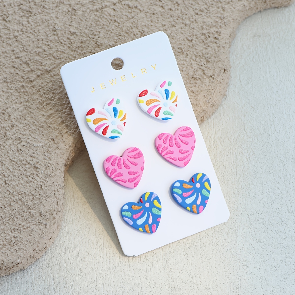 3-in-1 Multicolor Flower Print Clay Texture Heart Earrings