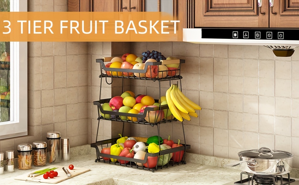 2 tier countertop fruit basket with 2 banana hangers for kitchen detachable metal organizer for bread vegetable fruits with wooden handle large capacity rectangular storage stand bowls black Product details 1
