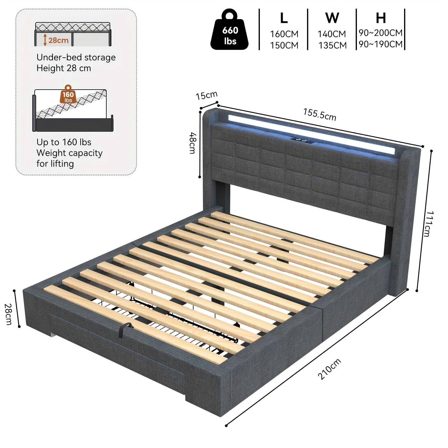 Upholstered Bed Frame With Hydraulic Lift & Drawers & Concealed Storage Headboard, 160x200cm Bed Frame With Led Lighting, Linen Functional Ottoman Storage Beds With Wooden Slats, Grey