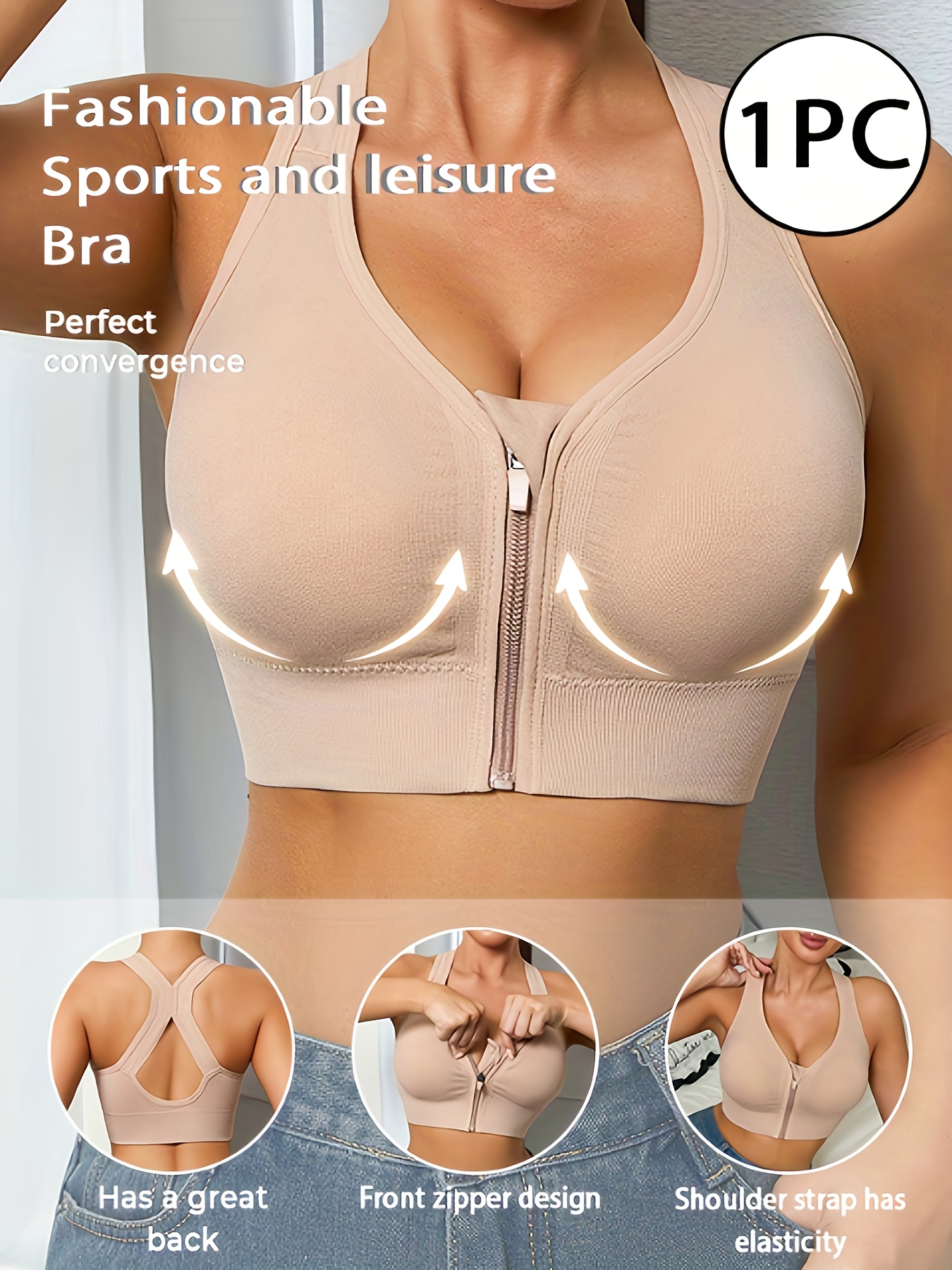 1pc womens sports bra front zipper   comfortable breathable fabric womens underwear