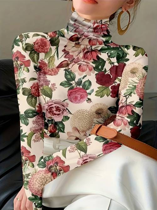 item picture elegant floral print high neck long sleeve