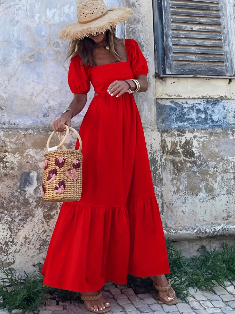 womens red square neck short sleeve dress back tie detail - Temu Mexico womens red square neck short sleeve dress back tie detail - Temu Mexico