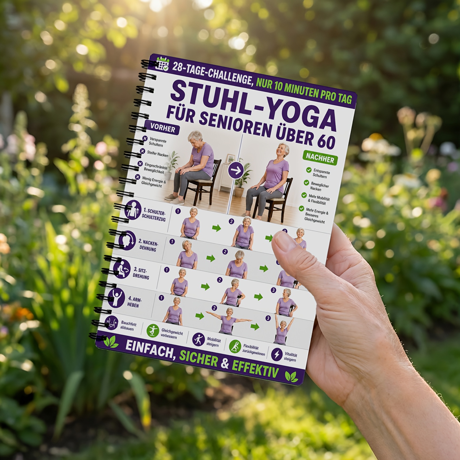 German Edition - Chair Yoga Practice Journal, Includes 28-day Gentle Seated Challenge, 10-minute Guided Exercises, Daily And Progress Tracking, Improves Posture, Enhances Flexibility, Tension