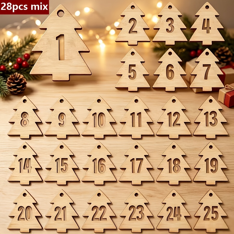 TEMU Calendrier de l'Avent 28 pièces assorties en bois découpé de sapin de Noël pour peinture et gribouillage DIY, décoration de compte à rebours de