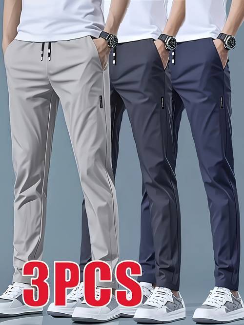 Three-Piece Set: 3 Men s Sports Joggers, Lightweight Ice Fiber Fabric Zipper Pocket Casual Straight-Leg Pants for Outdoor Running and Leisure in Solid Colors - Spring/Autumn/Summer