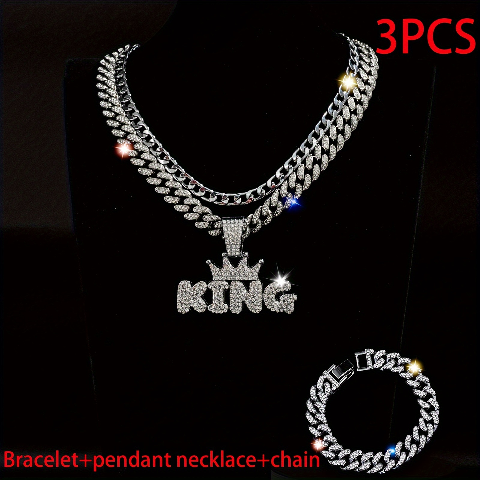 

3pcs Miami Punk Hip-hop Crown Letter King Pendant Cuban Chain Necklace Bracelet Inlaid Rhinestones, Unisex Neck Jewelry Gift