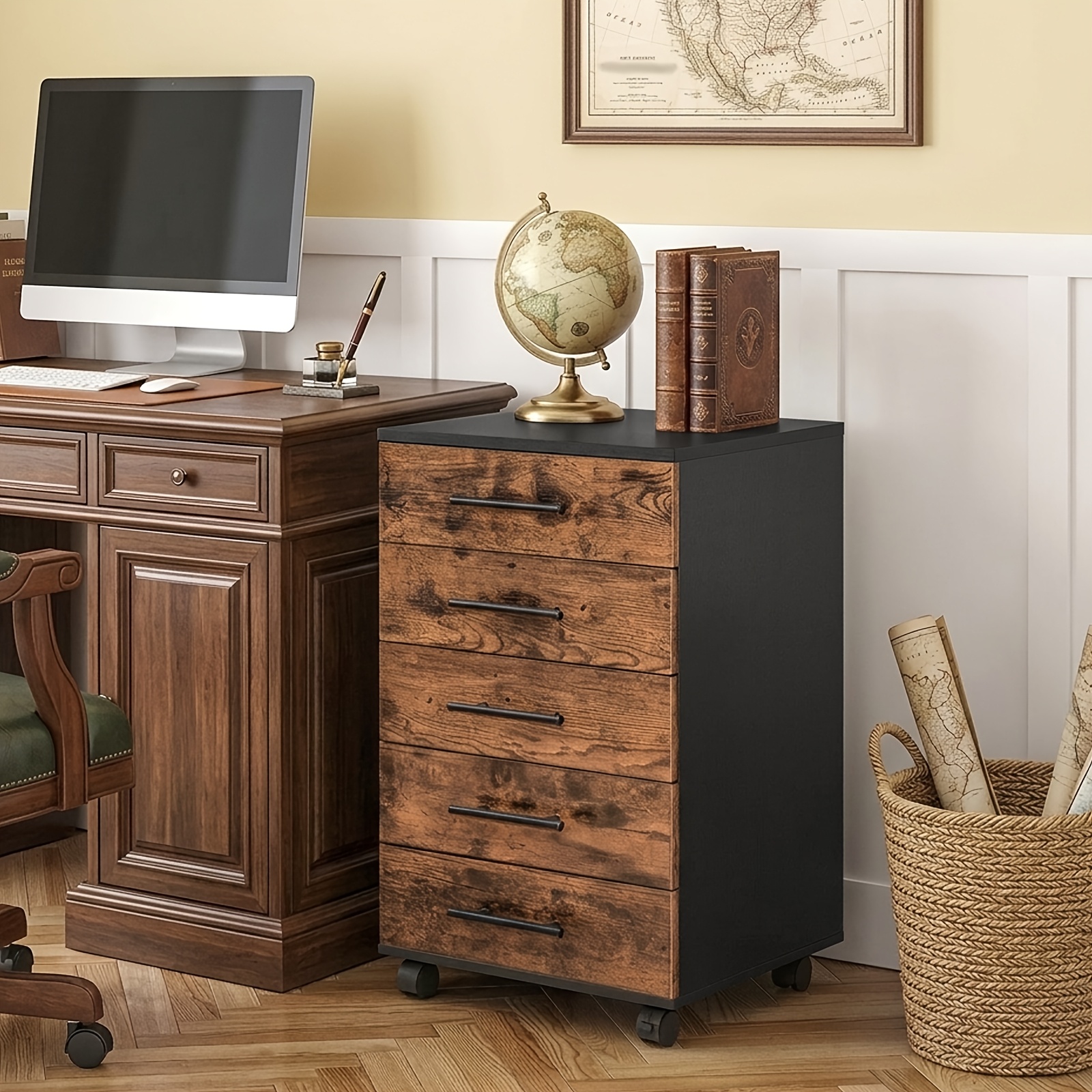 Image of Mobile Vertical Storage Cabinet With 5 Drawers, Freestanding Rolling Chest Of Drawers, Wooden Organizer Unit With Wheels For Bedroom, Home Office And Small Spaces