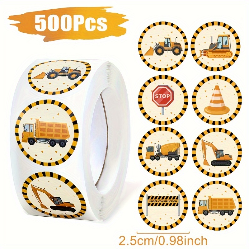 

500pcs Engineering Vehicle Circular Roll Stickers - Paper Gift Wrap Tags With Unique Construction Patterns For Parties, Scrapbooking, And Wall Decor - Turmeric Yellow.