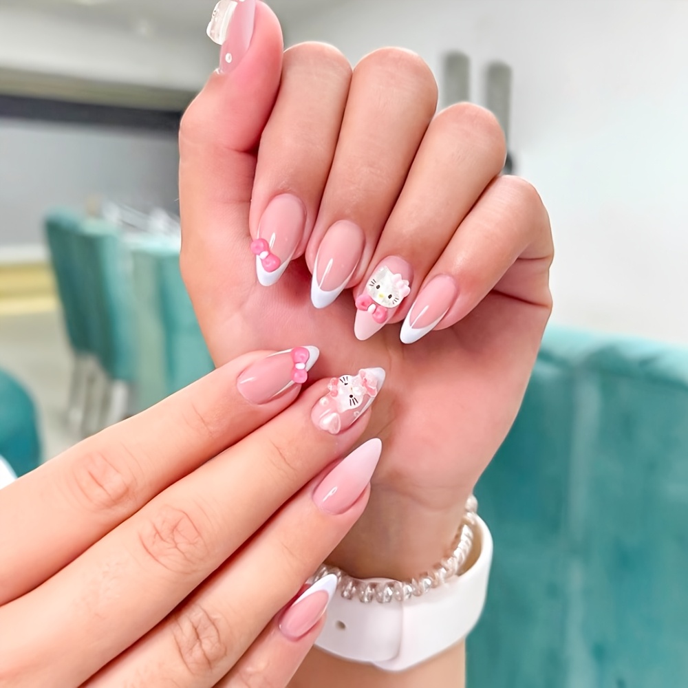 24pcs 3d   press on nails   pink gradient y2k kitty   nails cartoon bow heart almond false nail tips