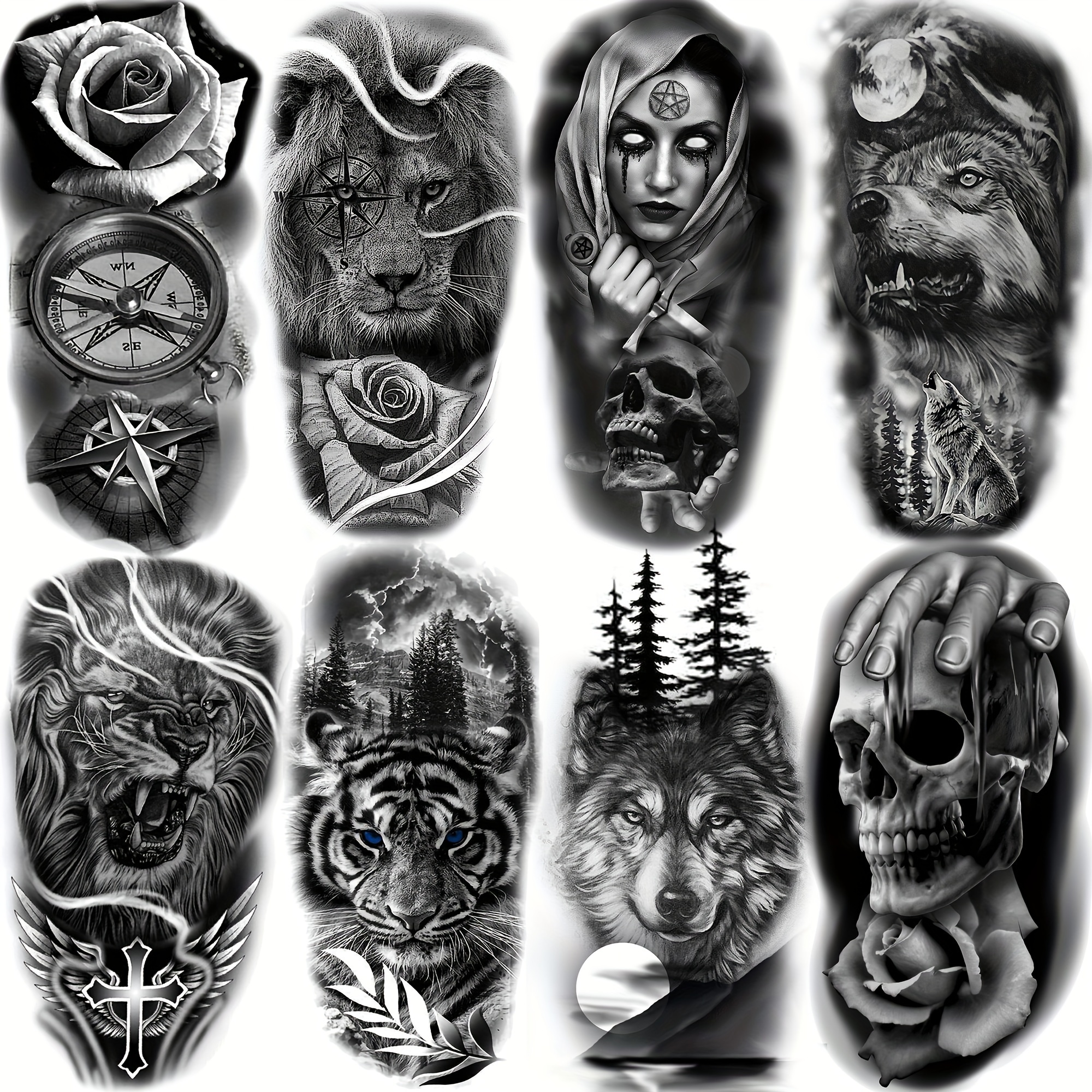 

8 Sheets Tribal Realistic Wolf Lion Tiger Temporary Tattoos For Men Women Arm Legs Forearm Hands, Black Forest Flower Rose Fake Arm Sleeve Tattoo Stickers For Adults